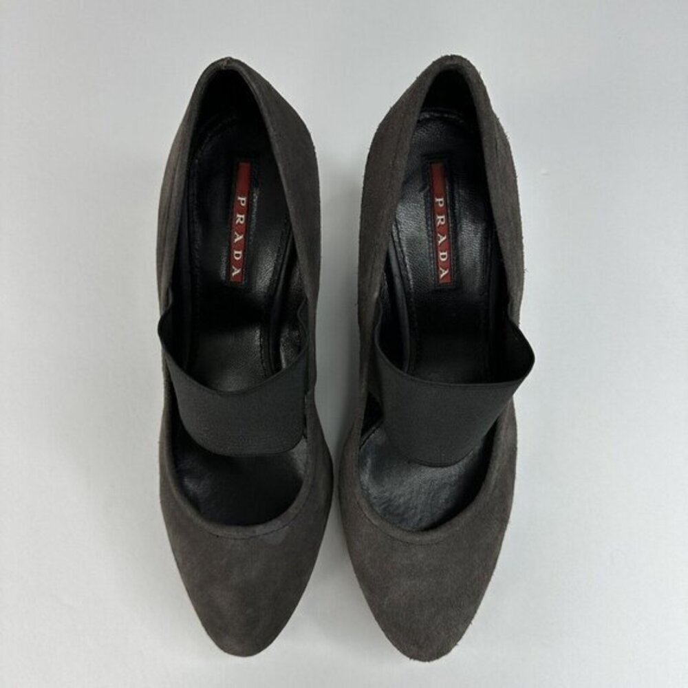 Prada Linea Rossa Dark Gray Suede Mary Jane Wedge Shoes 37.5 Womens